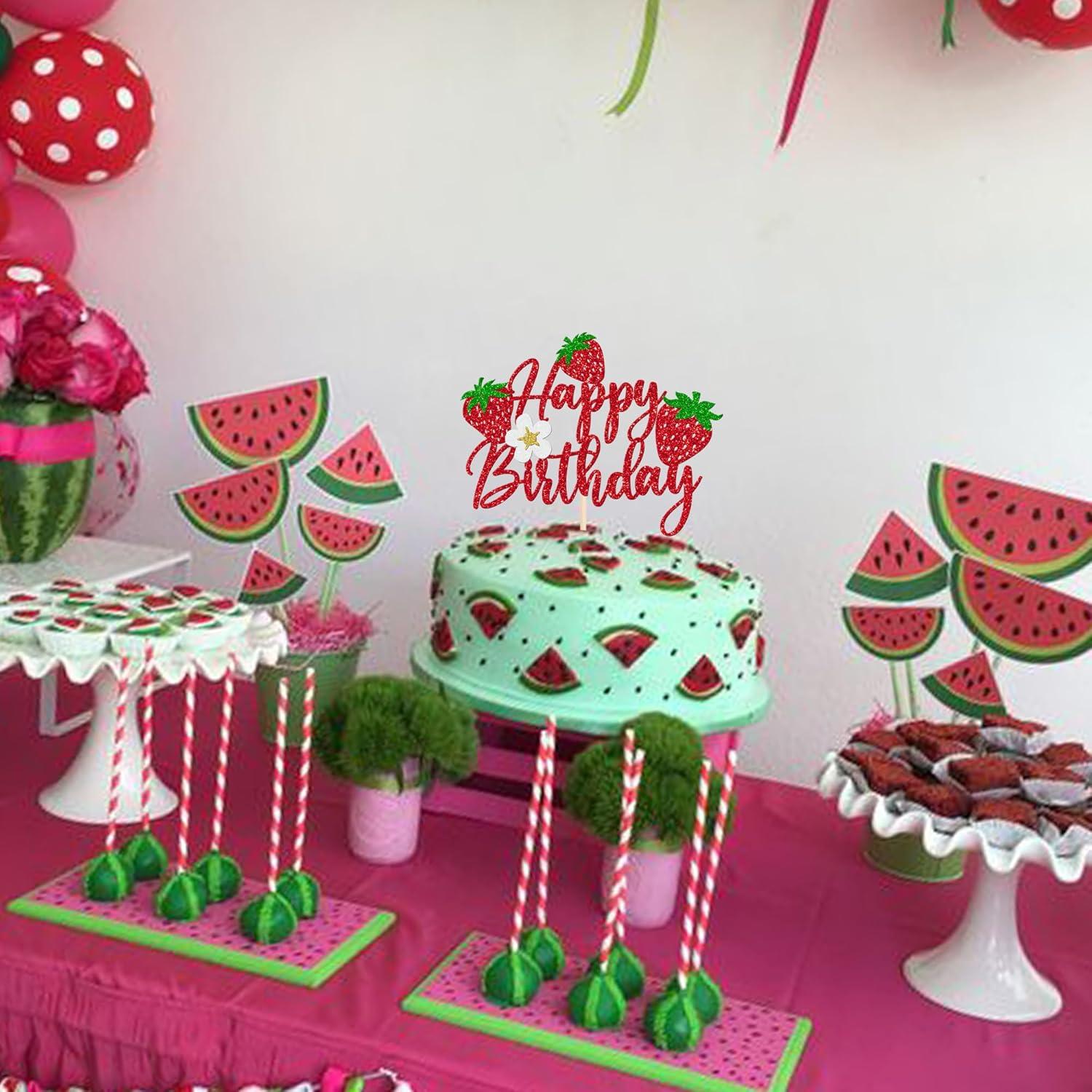 Rsstarxi 1 Pack Strawberry Happy Birthday Cake Topper Glitter Strawberry Party Decorations Berry Happy Birthday Cake Pick for Strawberry Baby Shower Kids Birthday Party Cake Decorations