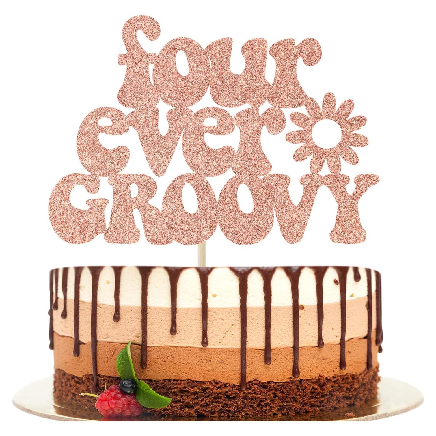 Cake Topper Decorativo Rosa Oro Ferburitar 15x14 cm 4to Cumpleaños