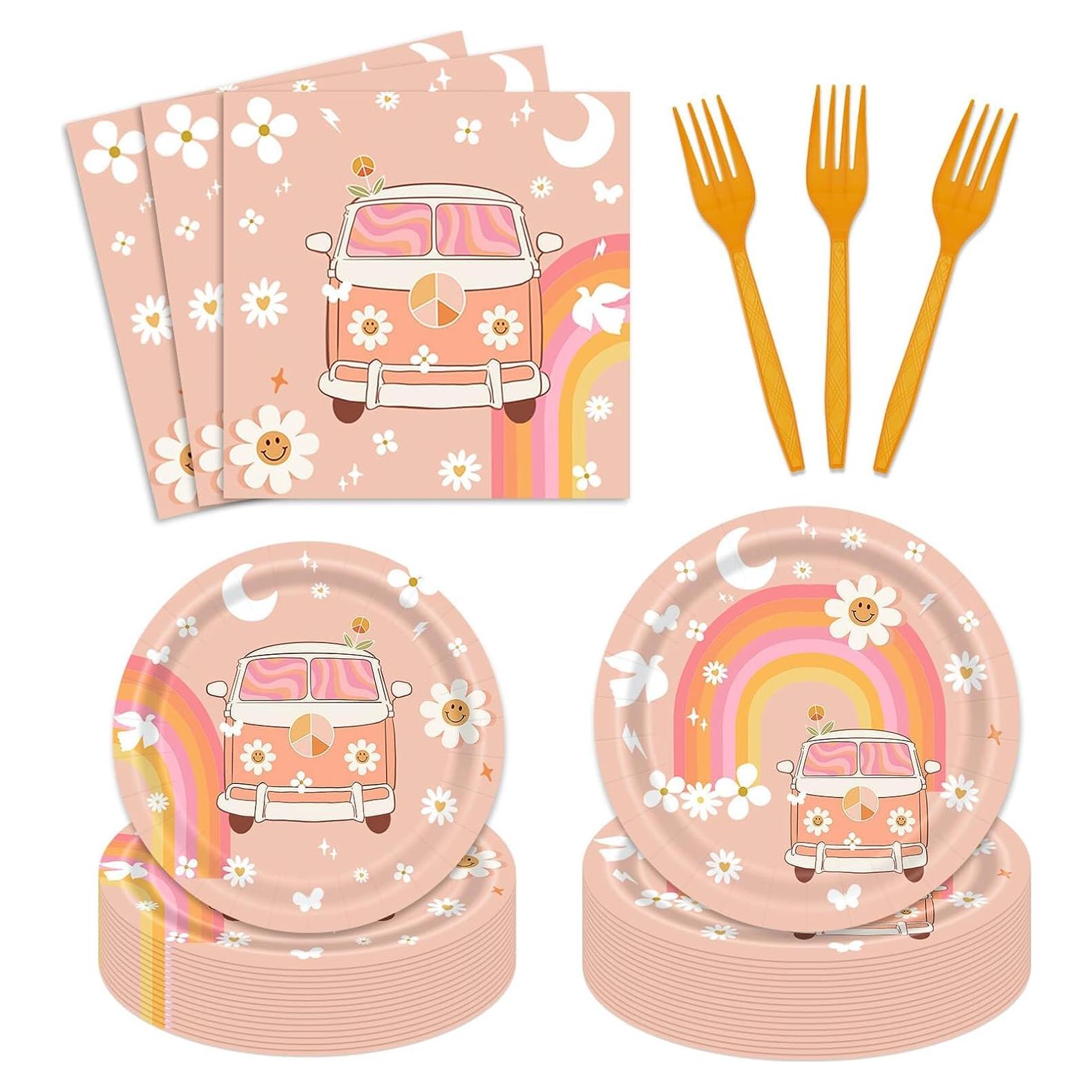 Kit de Vajilla Groovy Retro Vanulus 96 Piezas para 24 Invitados