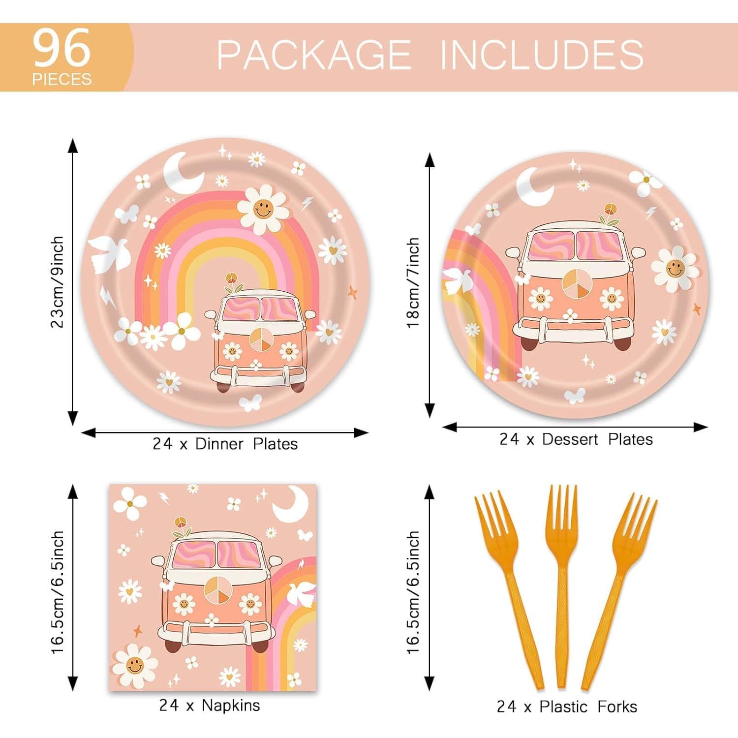 Kit de Vajilla Groovy Retro Vanulus 96 Piezas para 24 Invitados