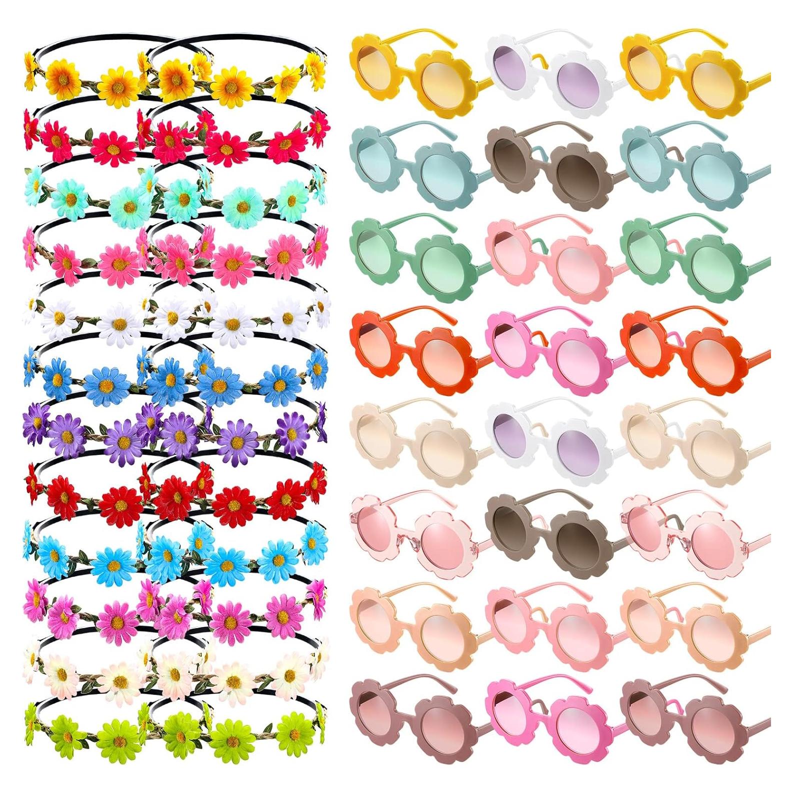 Set 48 Piezas Gafas de Sol y Diademas Flores Hippie