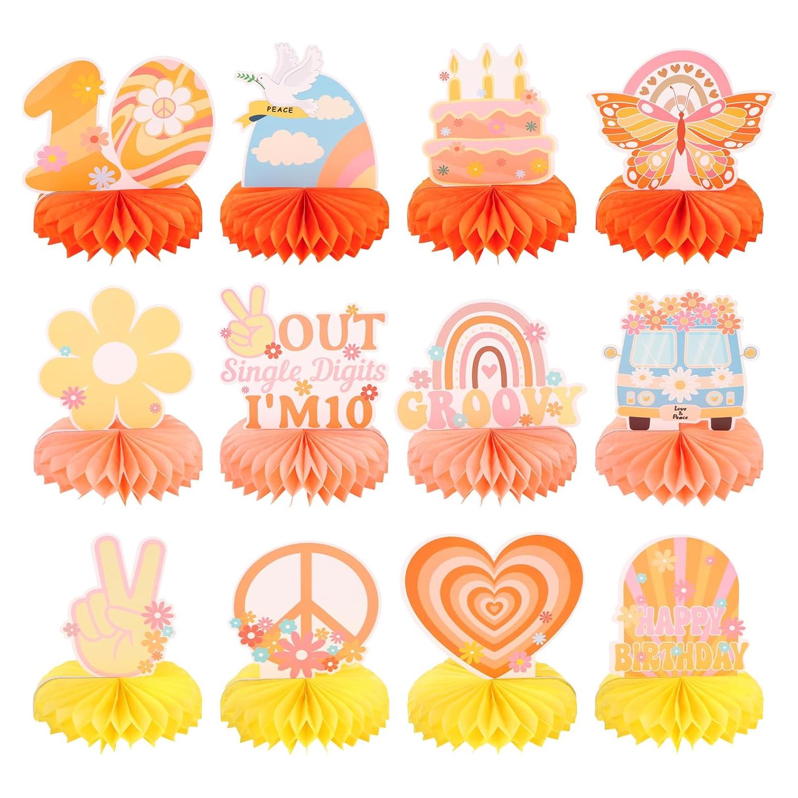 12 Centros de Mesa Honeycomb RANERVZ Hippie Retro para Cumpleaños 10