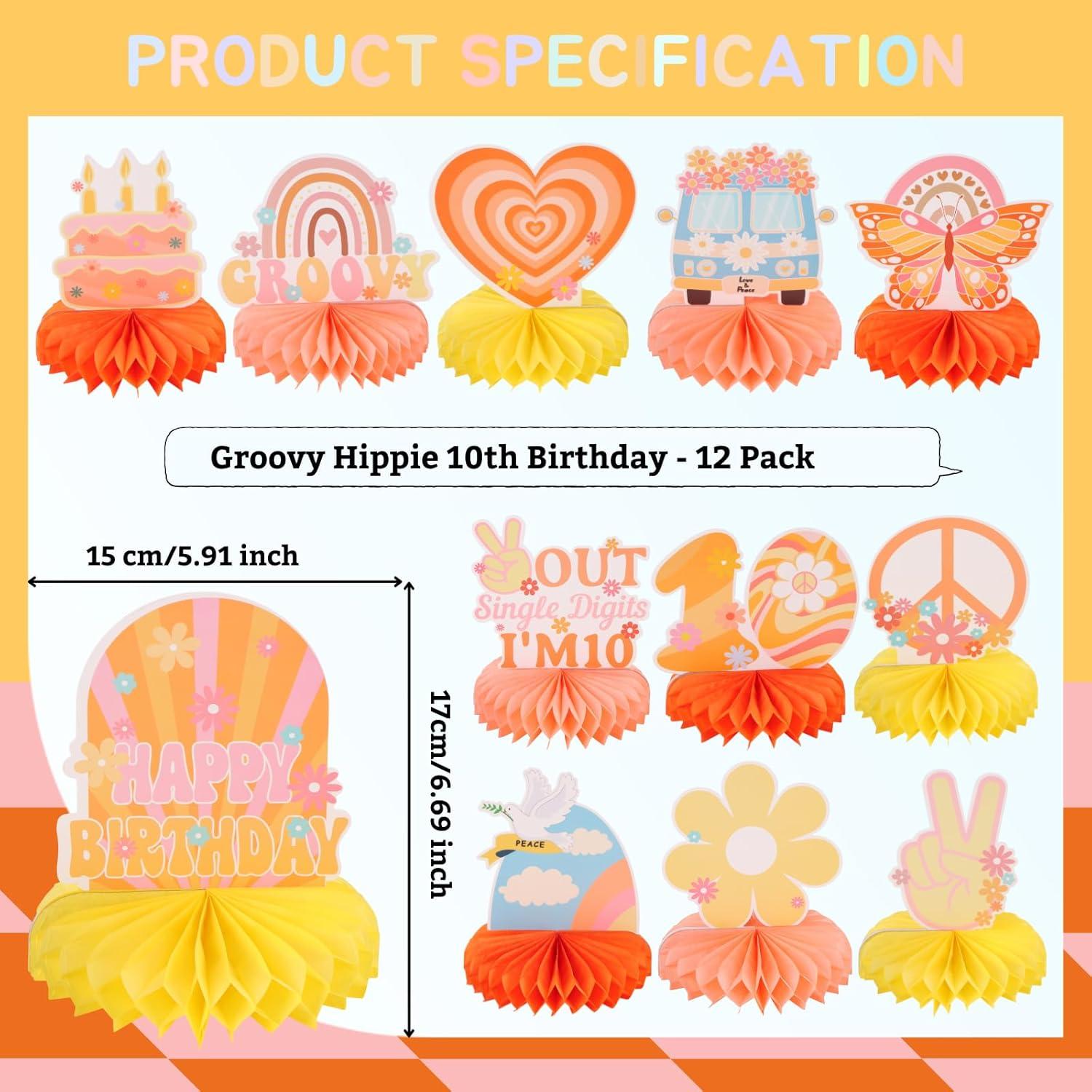 12 Centros de Mesa Honeycomb RANERVZ Hippie Retro para Cumpleaños 10