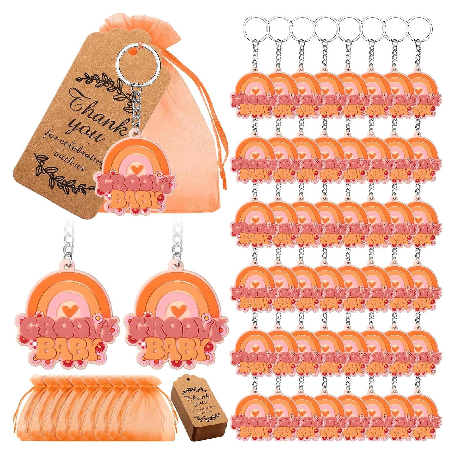 50 Juegos de Decoraciones de Fiesta Groovy Roowest - Llaveros, Etiquetas y Bolsas