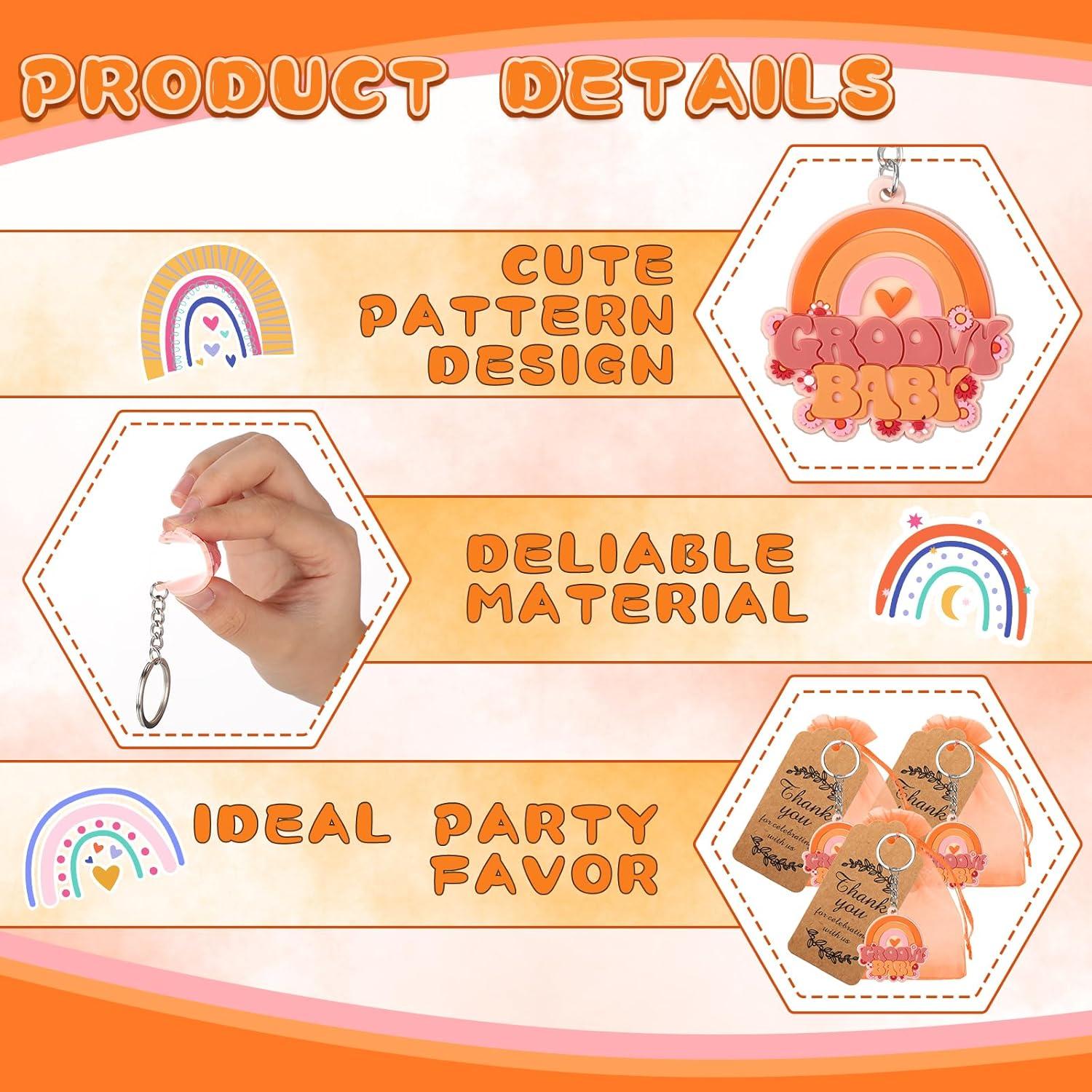 50 Juegos de Decoraciones de Fiesta Groovy Roowest - Llaveros, Etiquetas y Bolsas