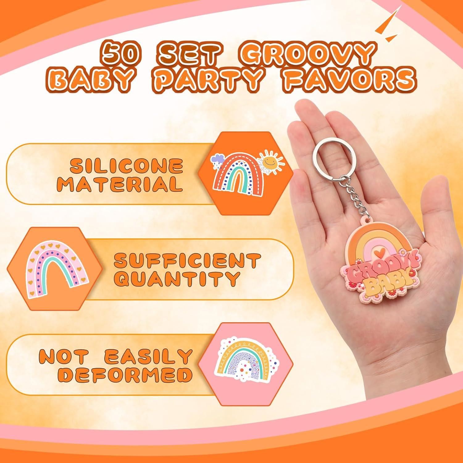 50 Juegos de Decoraciones de Fiesta Groovy Roowest - Llaveros, Etiquetas y Bolsas