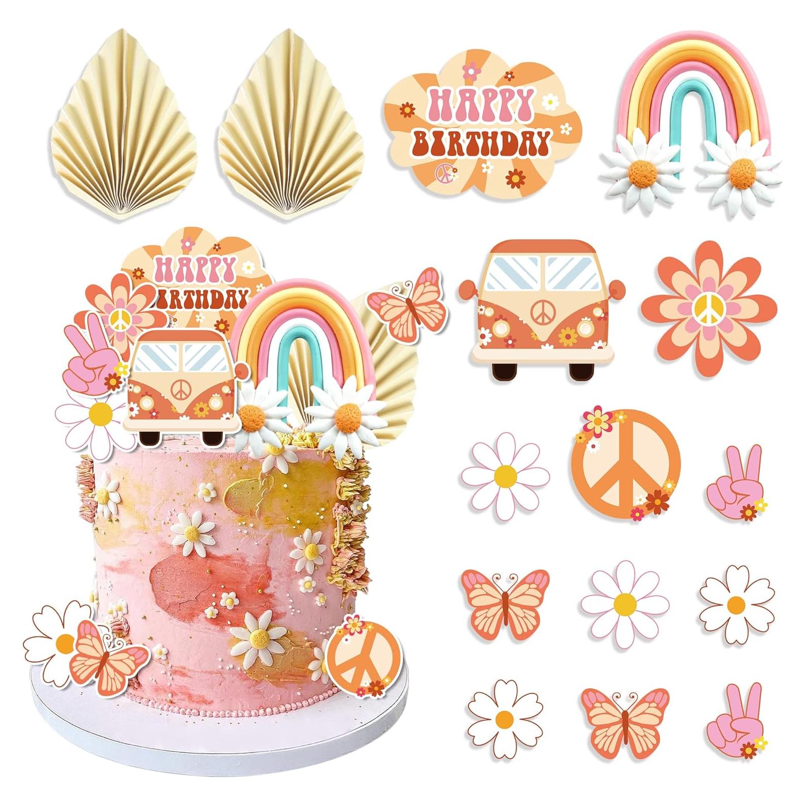 15 Adornos para Cupcakes Groovy DRWATE - Fiesta Hippie 60s