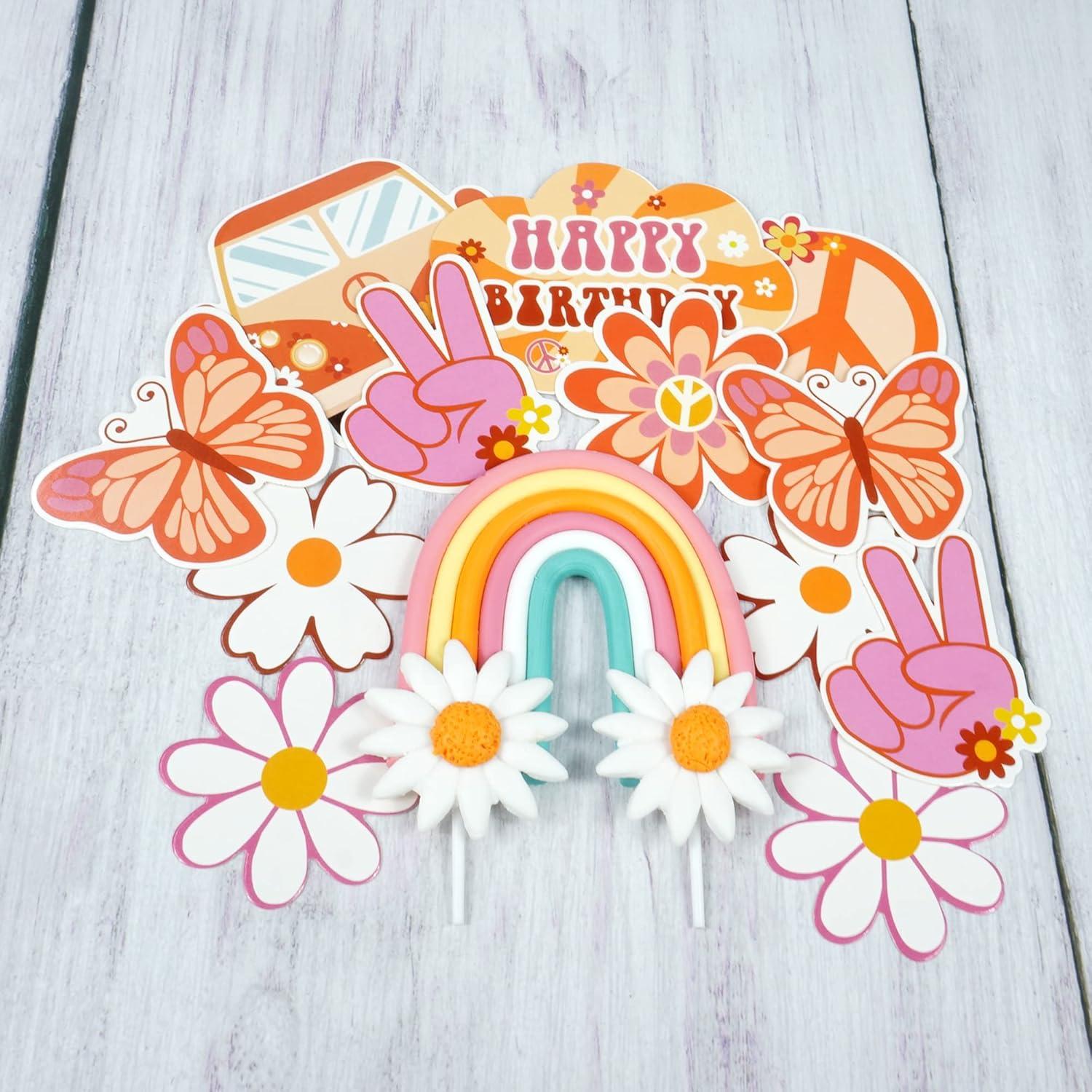 15 Adornos para Cupcakes Groovy DRWATE - Fiesta Hippie 60s