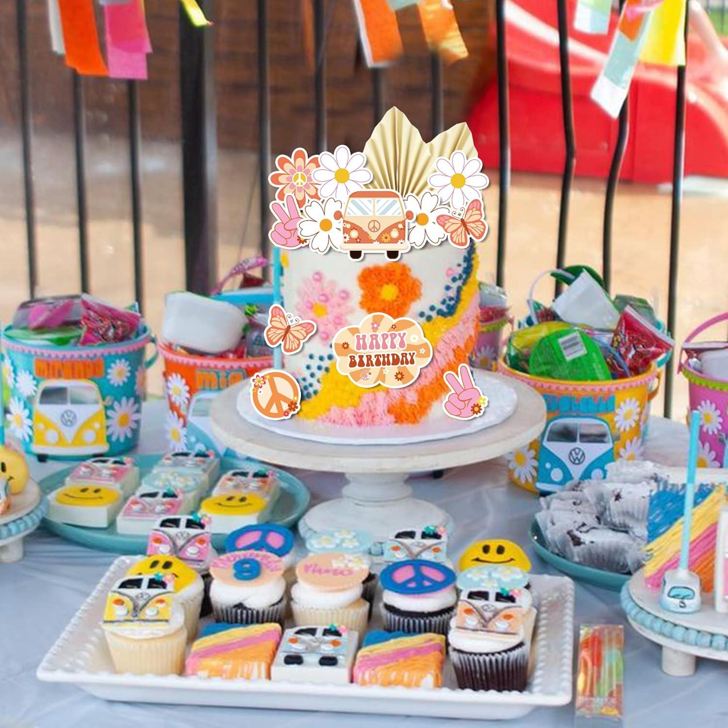 15 Adornos para Cupcakes Groovy DRWATE - Fiesta Hippie 60s