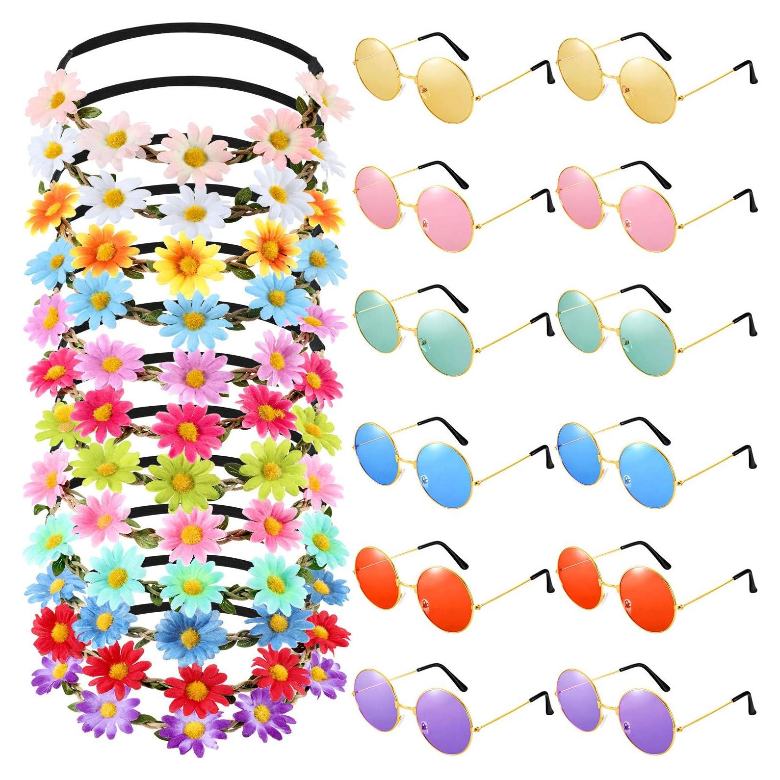 Conjunto Disfraz Hippie 24 Piezas Bememo con Diademas y Gafas