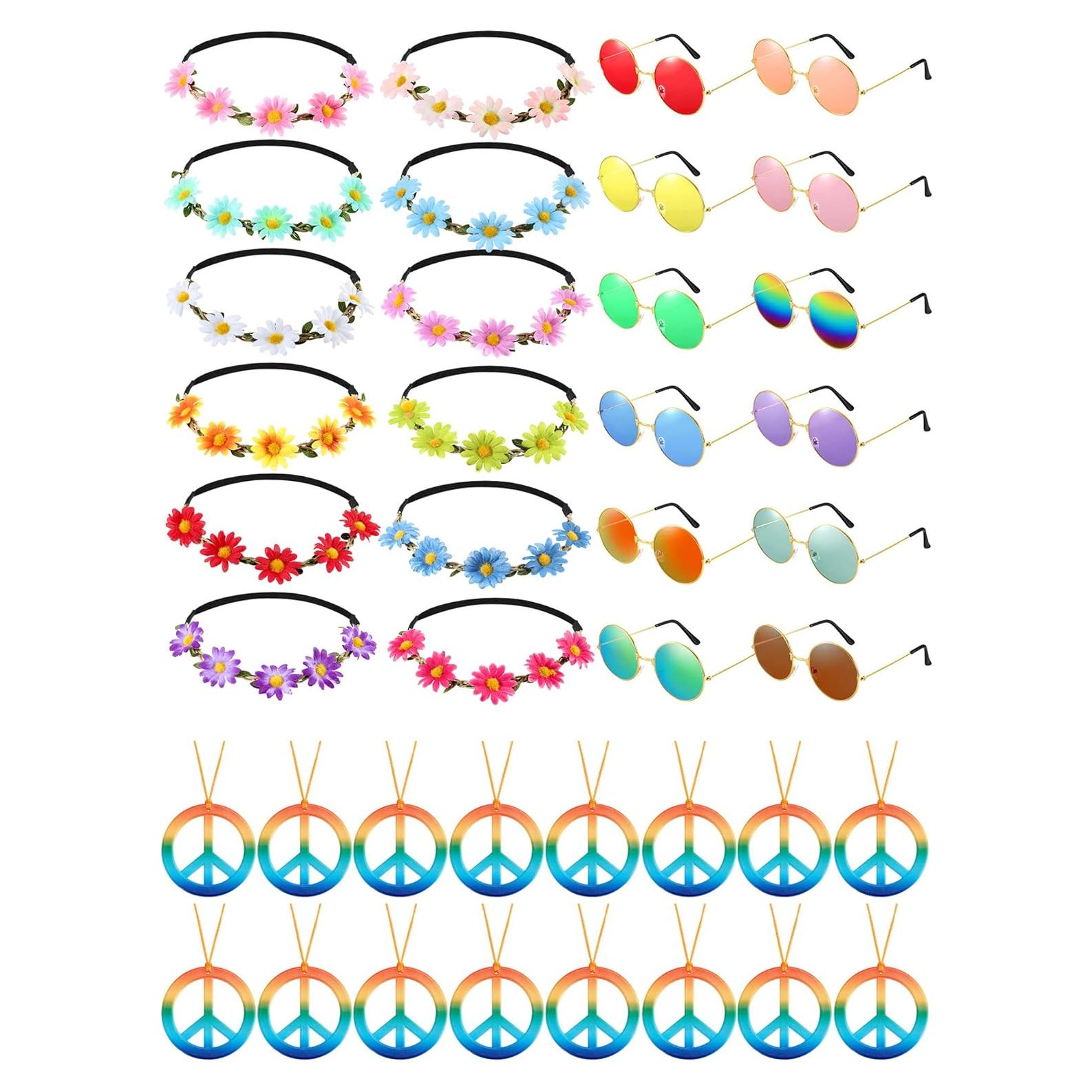 Conjunto de Disfraz Hippie MTLEE 36 Piezas con Diademas y Gafas