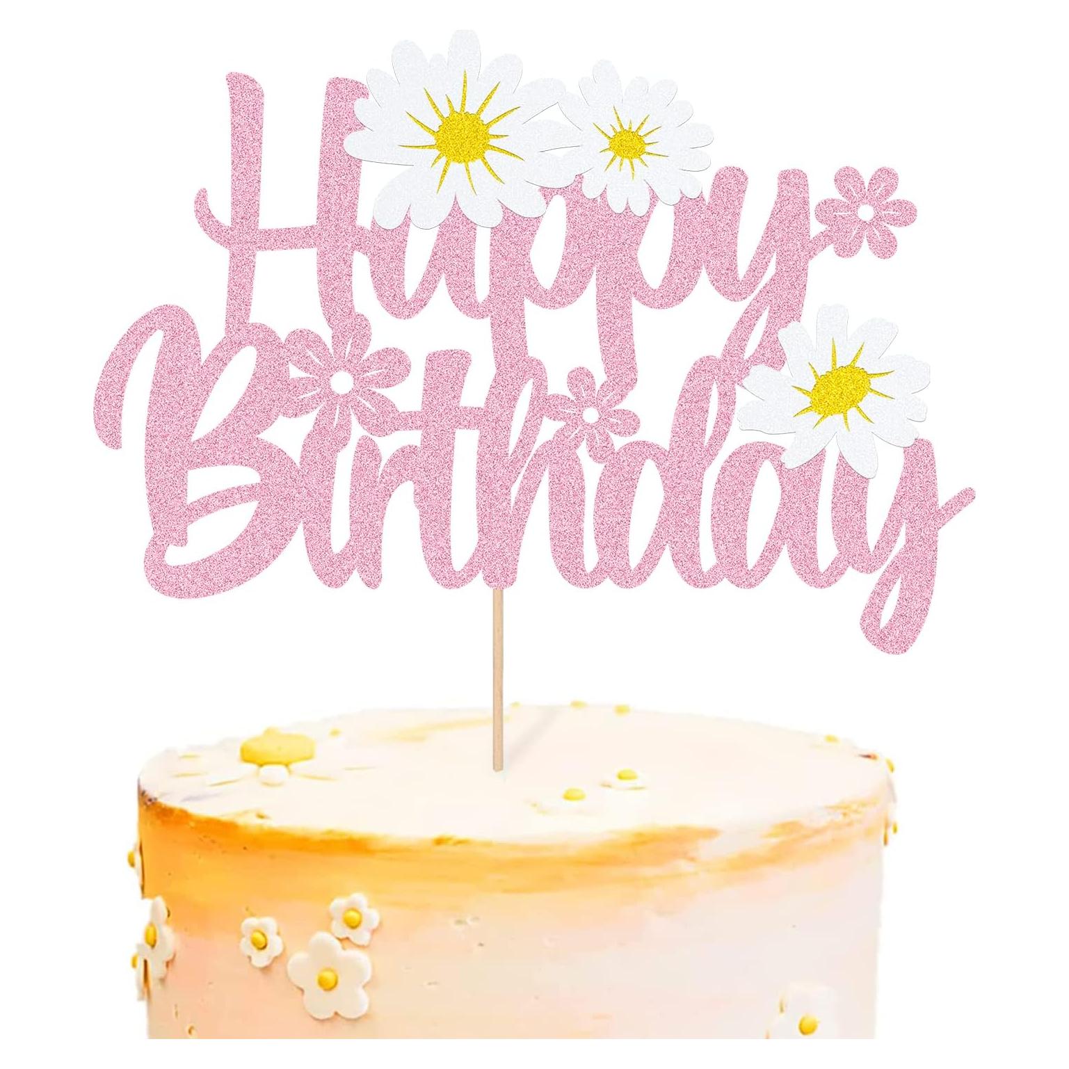 WishFirst Daisy Flower Birthday Cake Topper, Pink Dasiy Flowers Cake Decor, Summer Chrysanthemum Daisy Birthday Party Supplies, White Daisy Flower Themed Party Decorations Kids Birthday Party Supplies