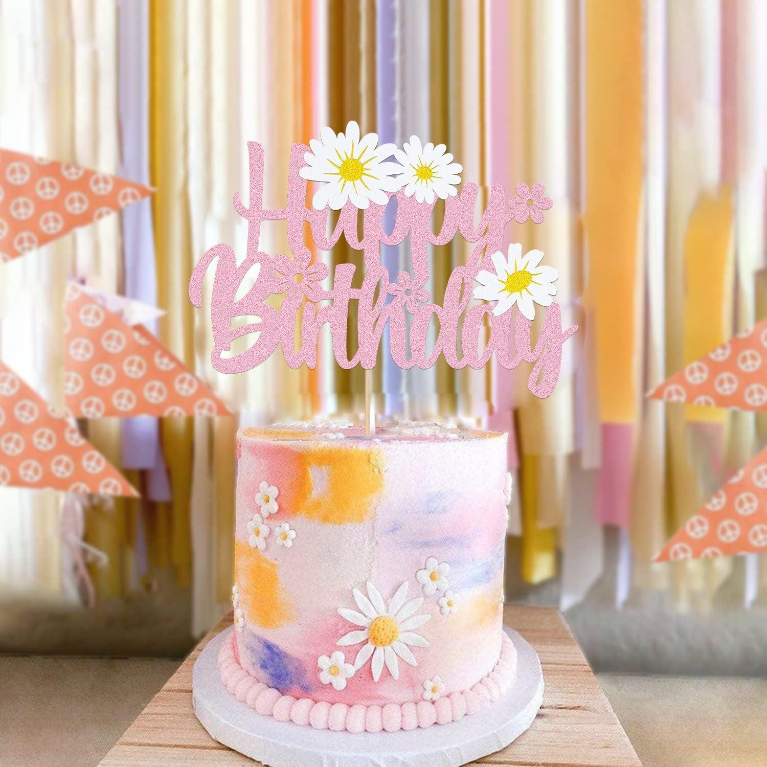 WishFirst Daisy Flower Birthday Cake Topper, Pink Dasiy Flowers Cake Decor, Summer Chrysanthemum Daisy Birthday Party Supplies, White Daisy Flower Themed Party Decorations Kids Birthday Party Supplies
