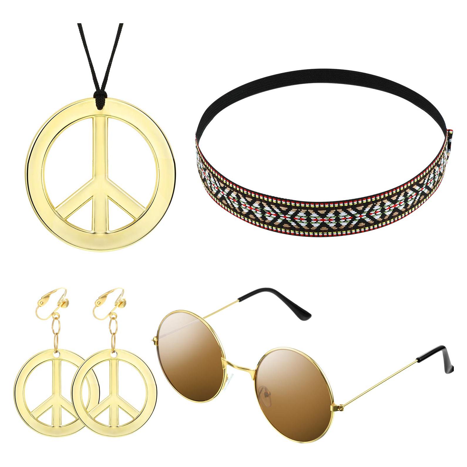 Conjunto Disfraz Hippie 4 Piezas WILLBOND - Gafas, Collar, Pendientes, Diadema