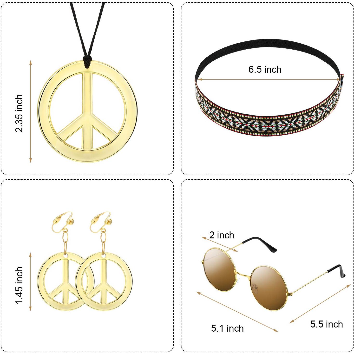 Conjunto Disfraz Hippie 4 Piezas WILLBOND - Gafas, Collar, Pendientes, Diadema