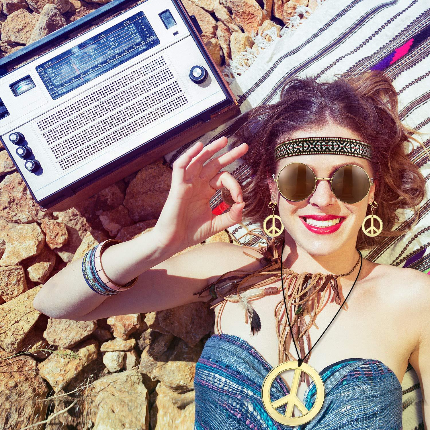 Conjunto Disfraz Hippie 4 Piezas WILLBOND - Gafas, Collar, Pendientes, Diadema