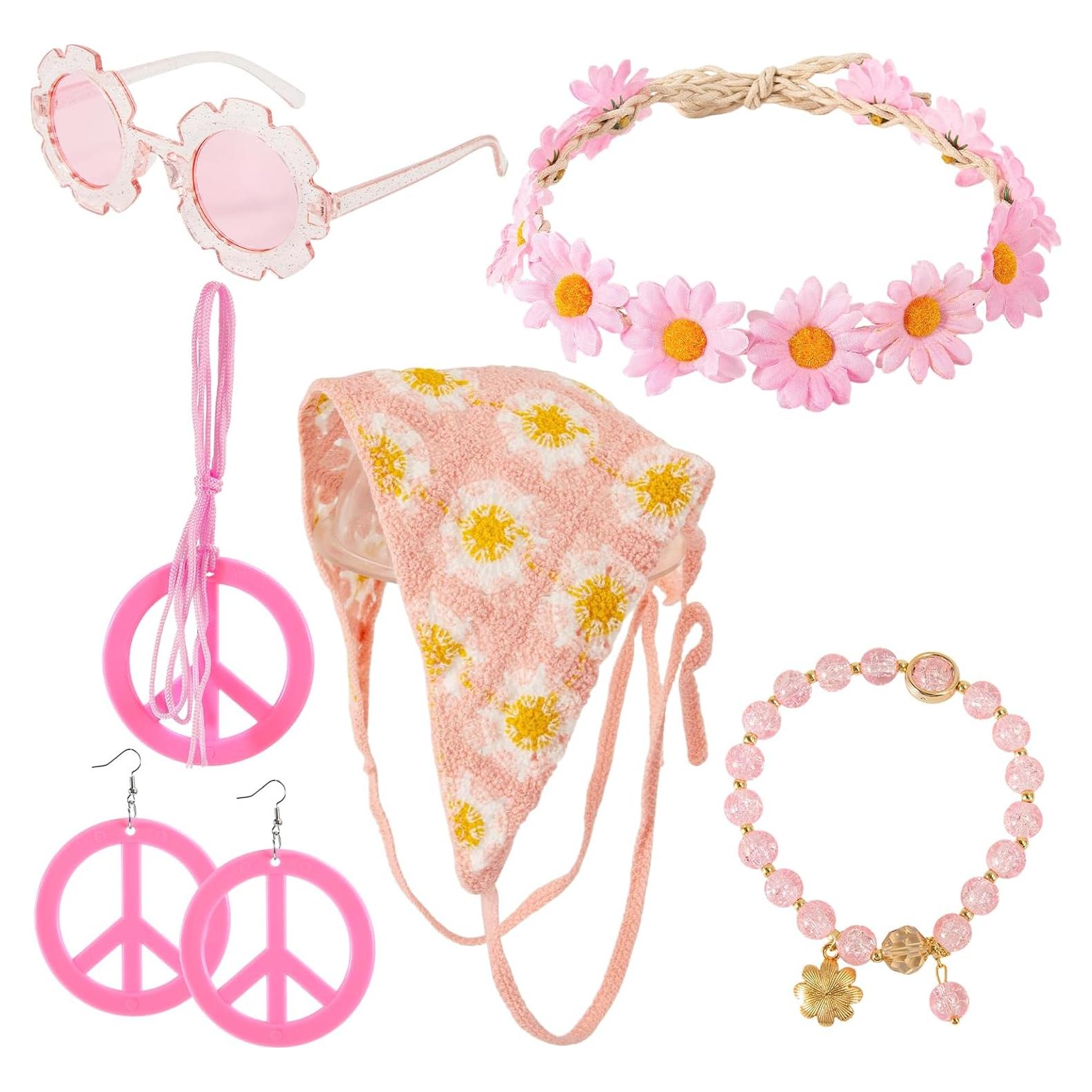Conjunto de Disfraz Hippie 6 Piezas Rosa - Diadema, Gafas, Collar
