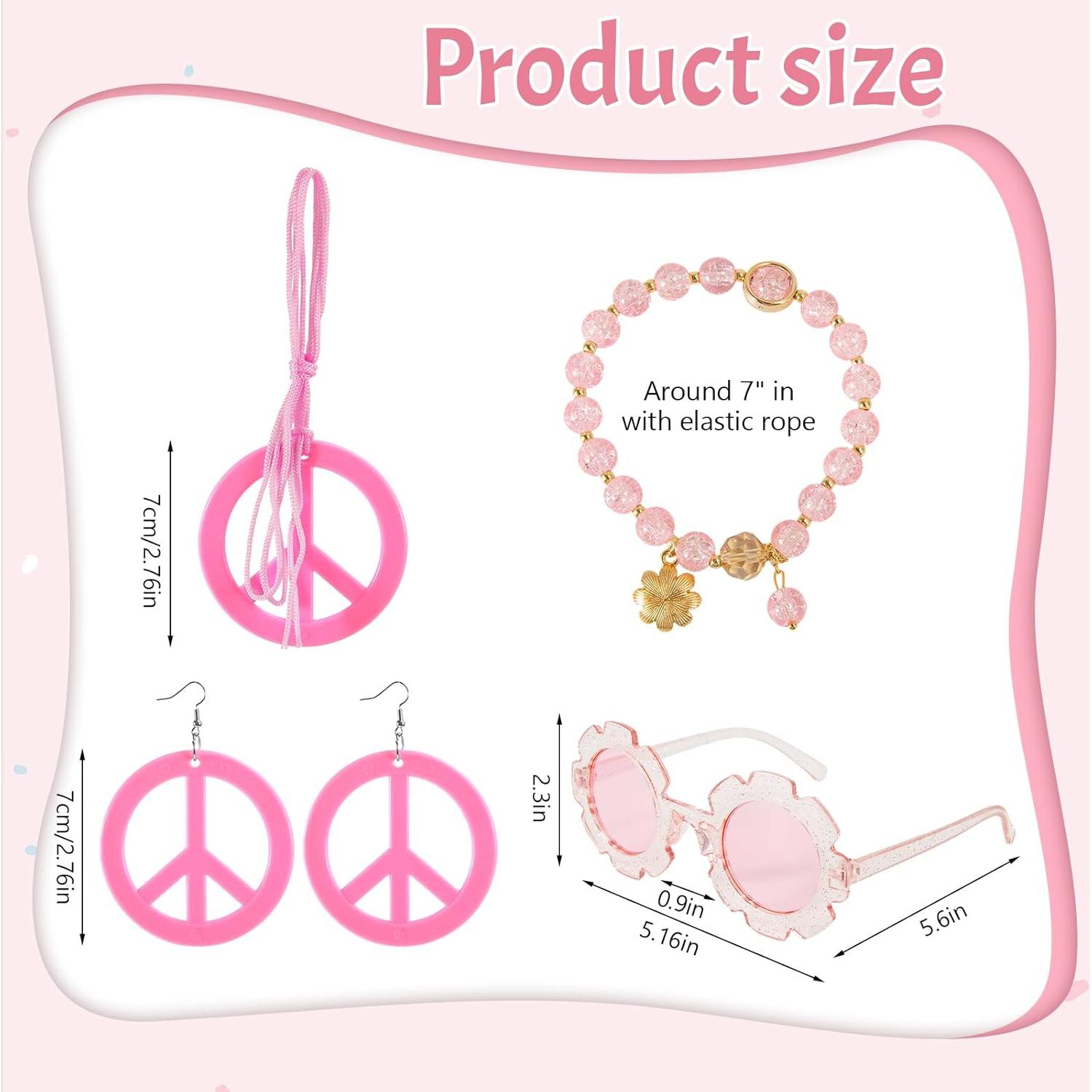 Conjunto de Disfraz Hippie 6 Piezas Rosa - Diadema, Gafas, Collar