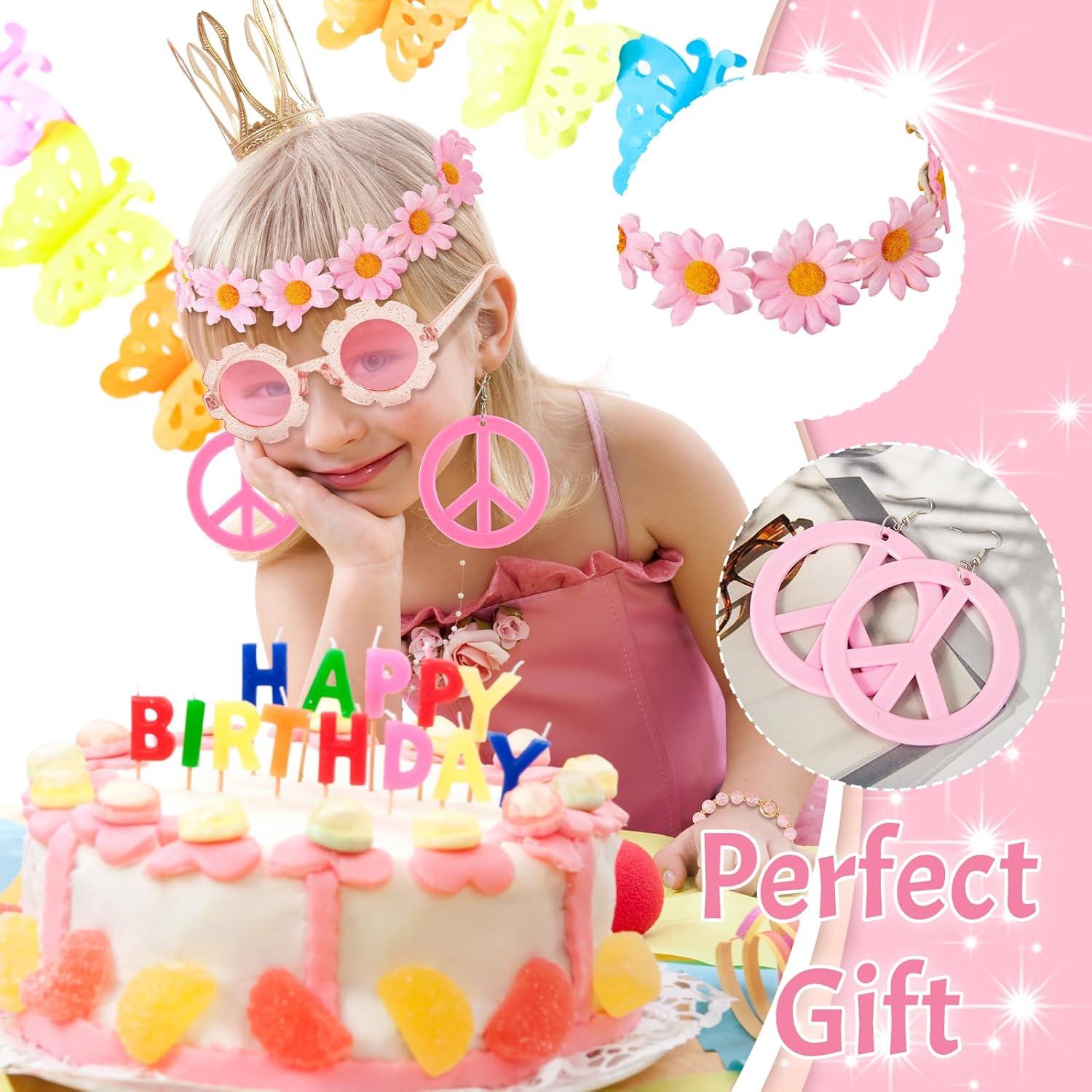 Conjunto de Disfraz Hippie 6 Piezas Rosa - Diadema, Gafas, Collar