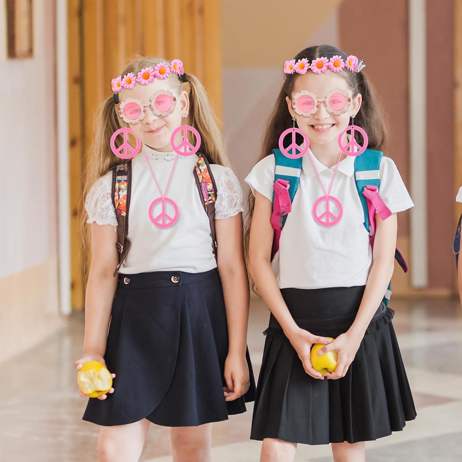 Conjunto de Disfraz Hippie 6 Piezas Rosa - Diadema, Gafas, Collar