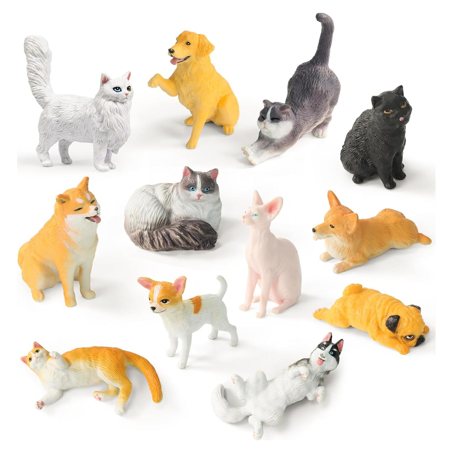 RECUR Cats and Dogs Animal Figurines Desk Pets Miniature Figure Cake Topper, 100% Hand-Painted, Mini Pets Figure for Kids - 12 PCS