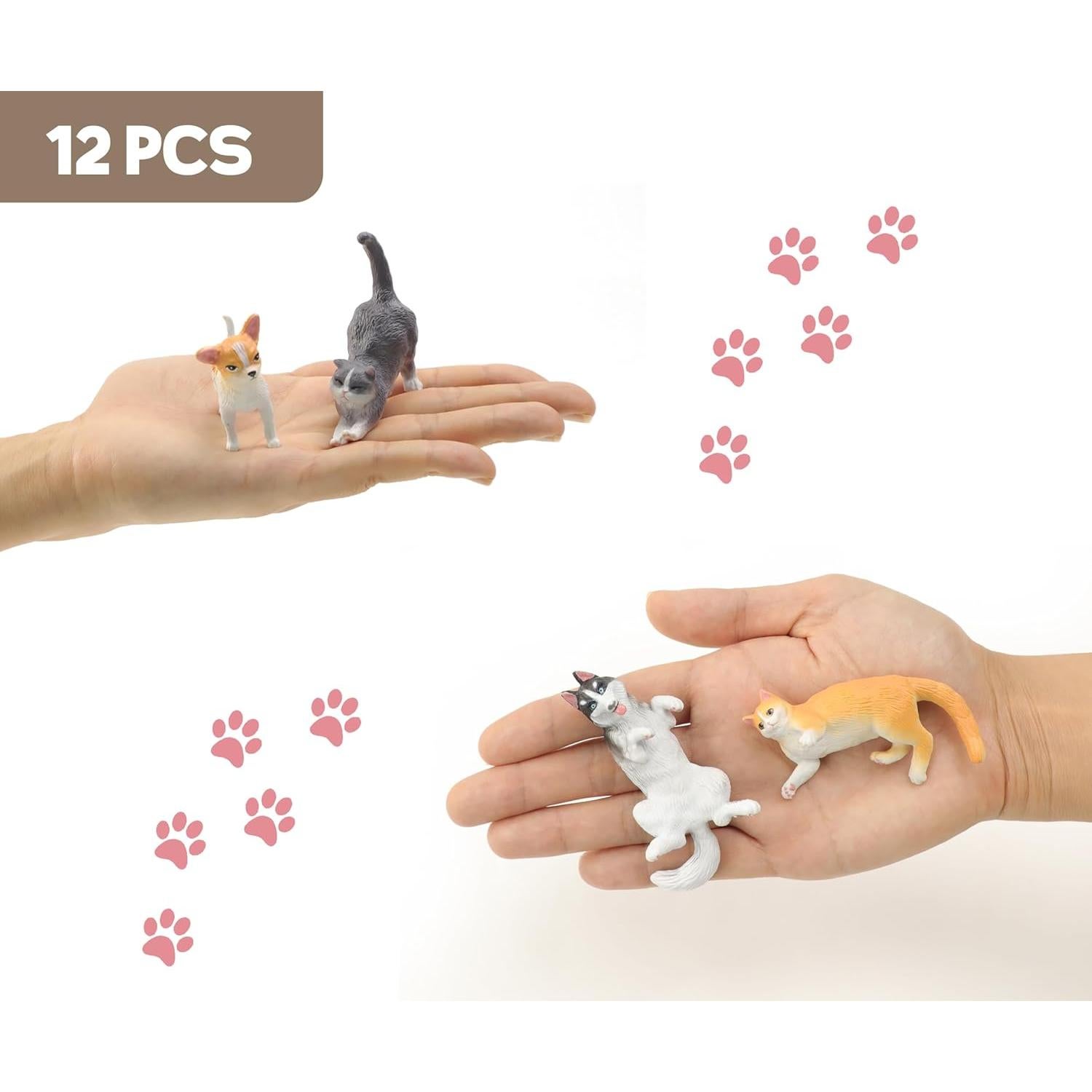 RECUR Cats and Dogs Animal Figurines Desk Pets Miniature Figure Cake Topper, 100% Hand-Painted, Mini Pets Figure for Kids - 12 PCS
