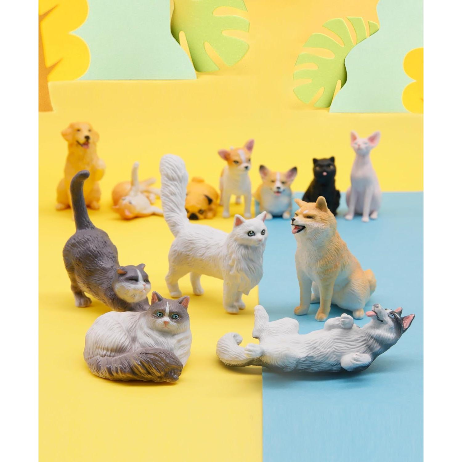 RECUR Cats and Dogs Animal Figurines Desk Pets Miniature Figure Cake Topper, 100% Hand-Painted, Mini Pets Figure for Kids - 12 PCS