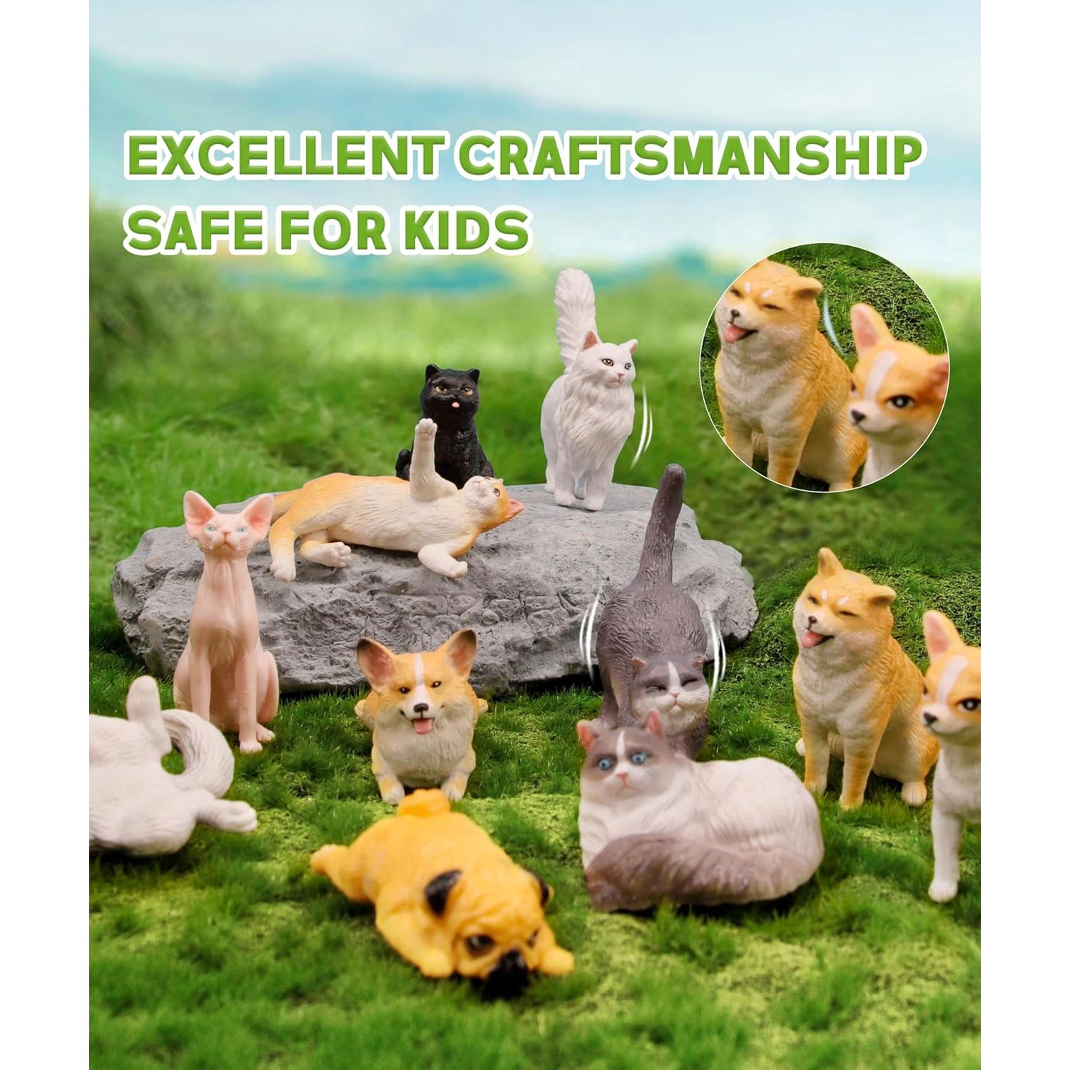 RECUR Cats and Dogs Animal Figurines Desk Pets Miniature Figure Cake Topper, 100% Hand-Painted, Mini Pets Figure for Kids - 12 PCS
