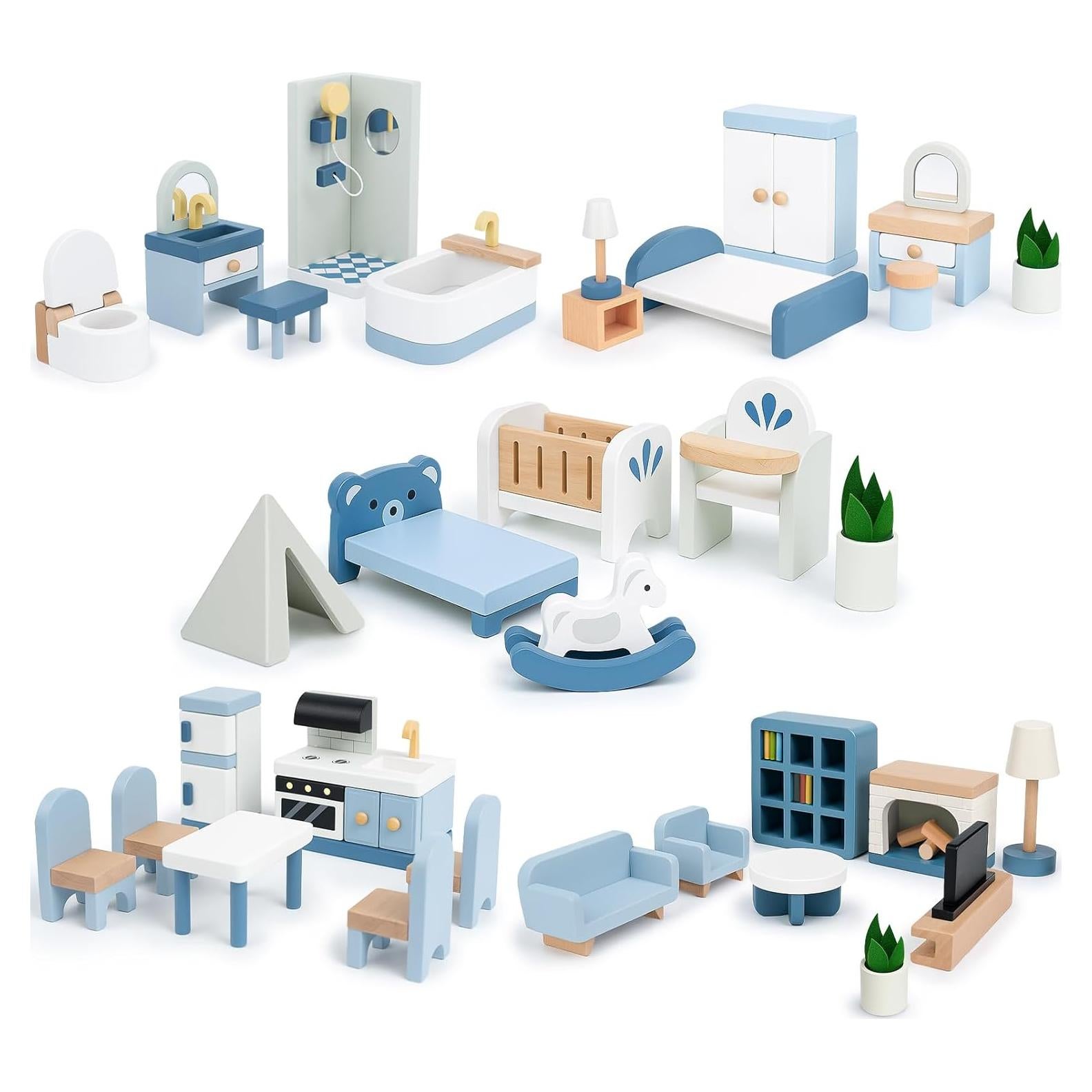 Juego de Muebles de Casa de Muñecas Sanlebi con 4 Muñecos