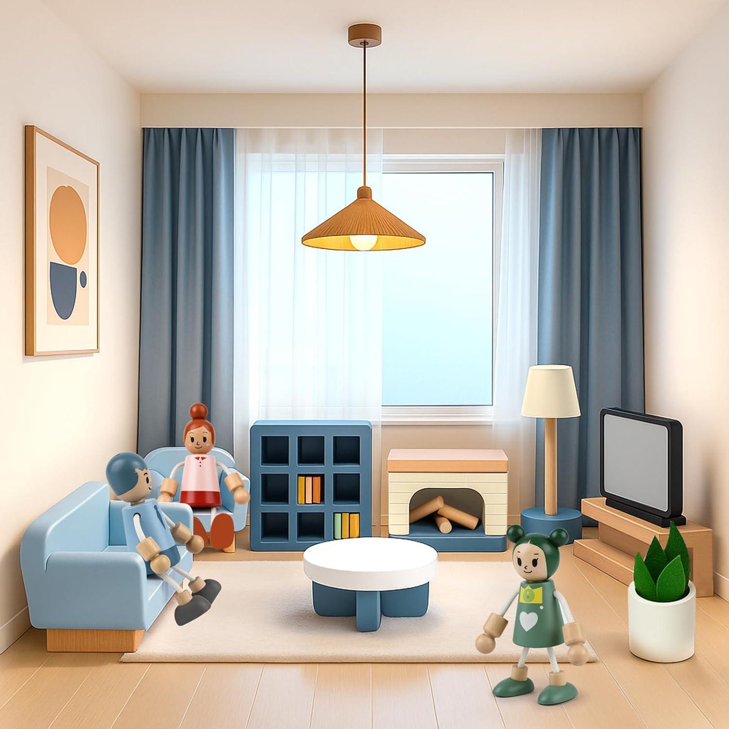 Juego de Muebles de Casa de Muñecas Sanlebi con 4 Muñecos