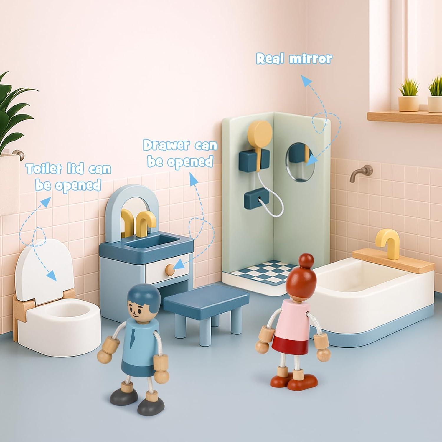 Juego de Muebles de Casa de Muñecas Sanlebi con 4 Muñecos