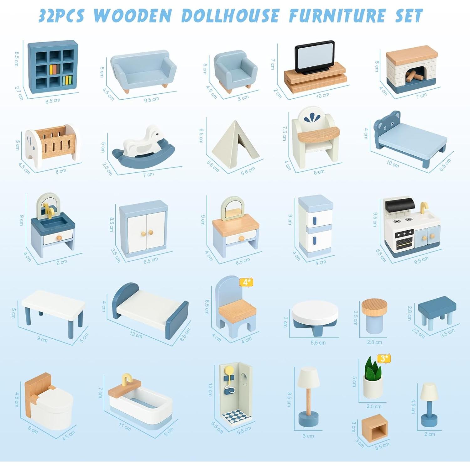 Juego de Muebles de Casa de Muñecas Sanlebi con 4 Muñecos