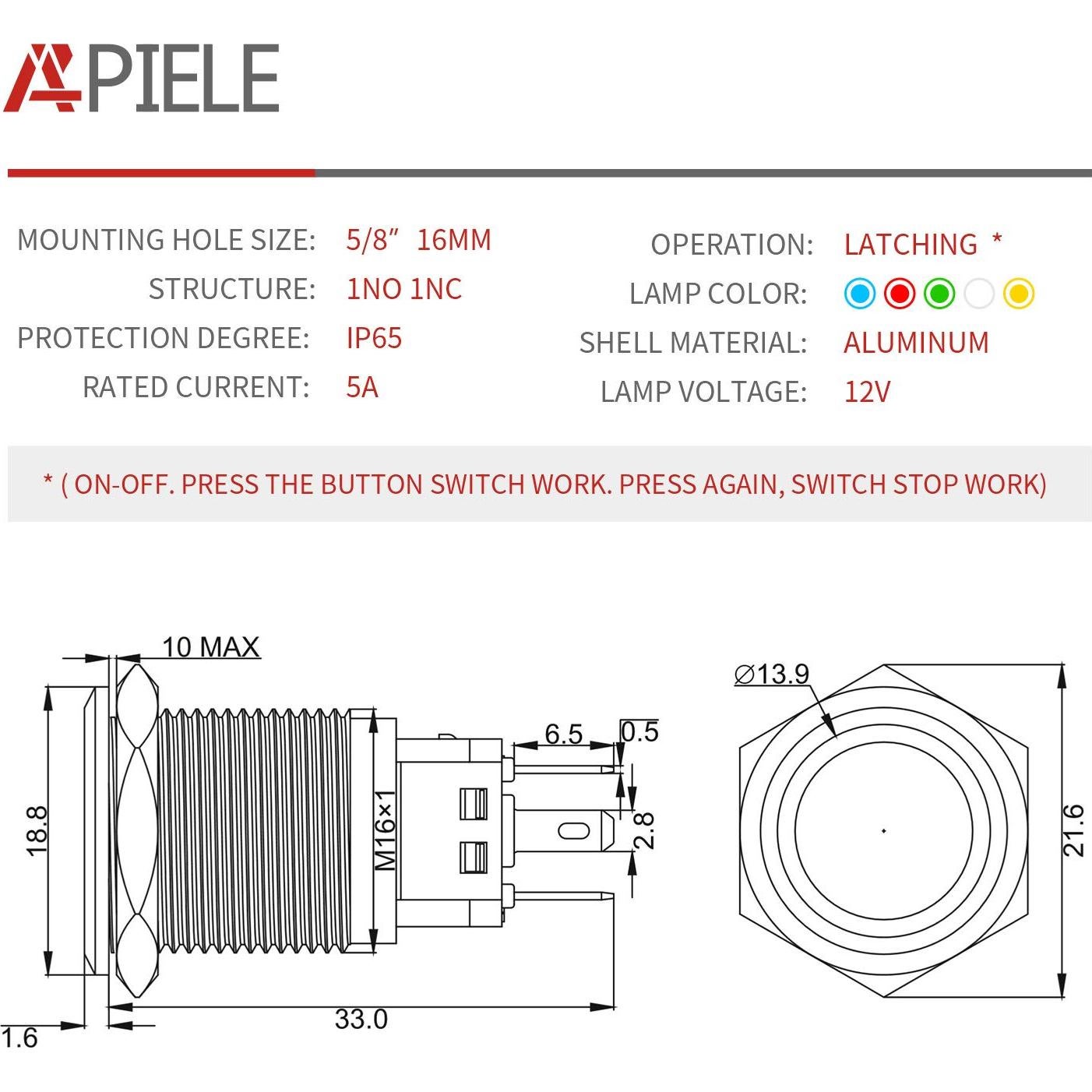 Interruptor de Botón Pulsador APIELE 16mm 12V CC Carcasa Negra