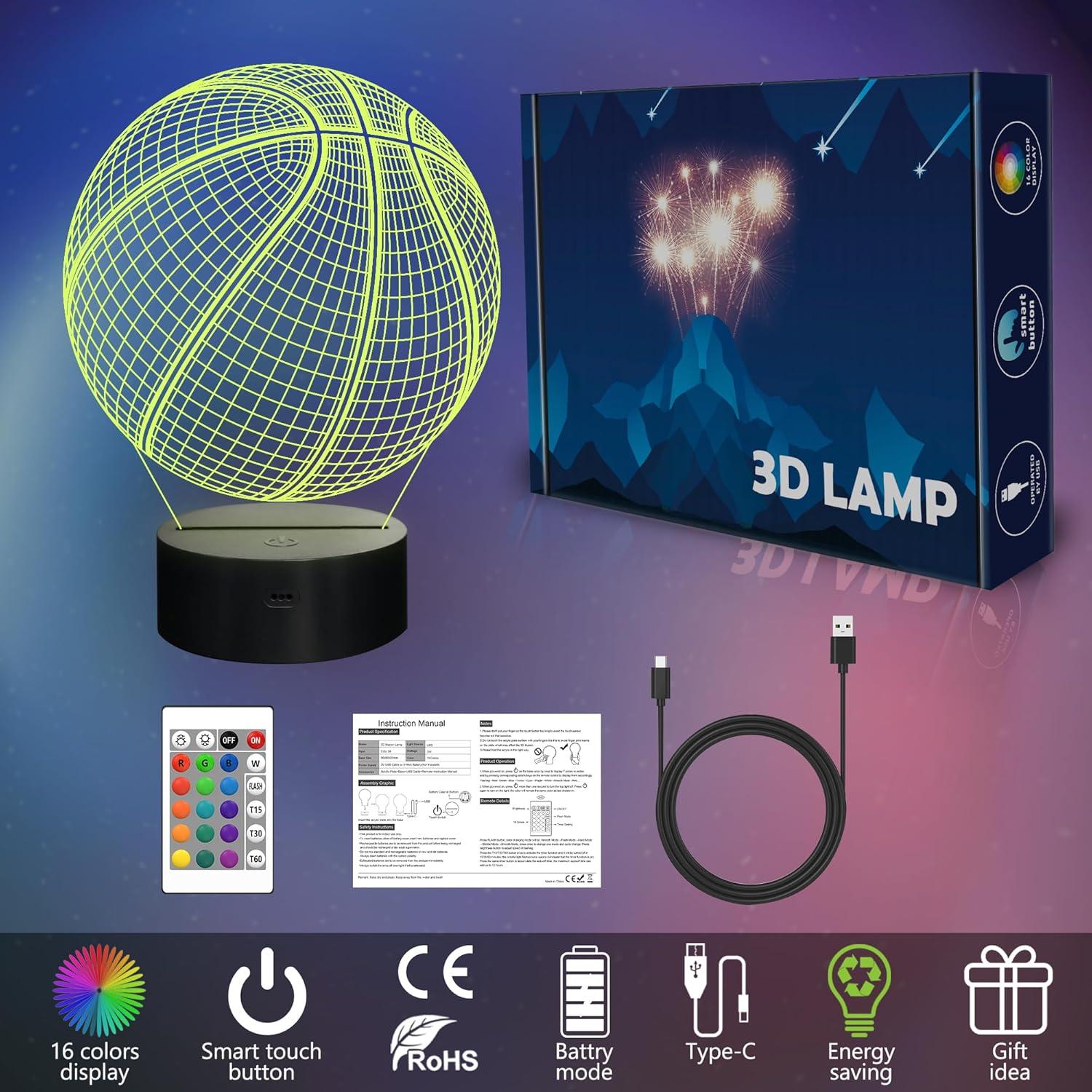 Lámpara de Noche 3D FULLOSUN Baloncesto Control Remoto 16 Colores