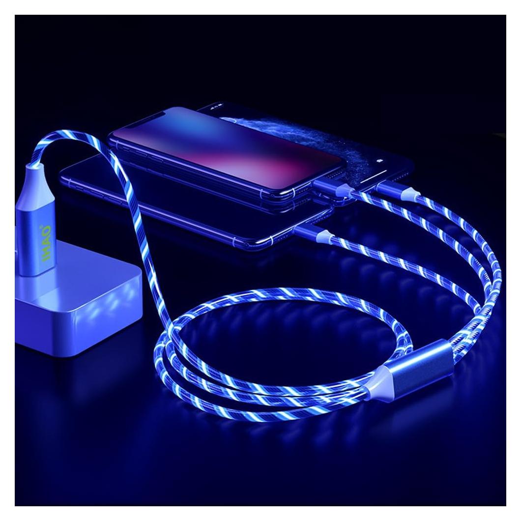 Cable de Carga USB IHAO 3 en 1 con Luz LED 1m Azul