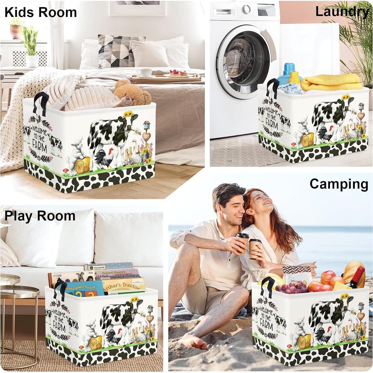 Cesta de Almacenamiento Plegable Estilo Granja Vaca 36L