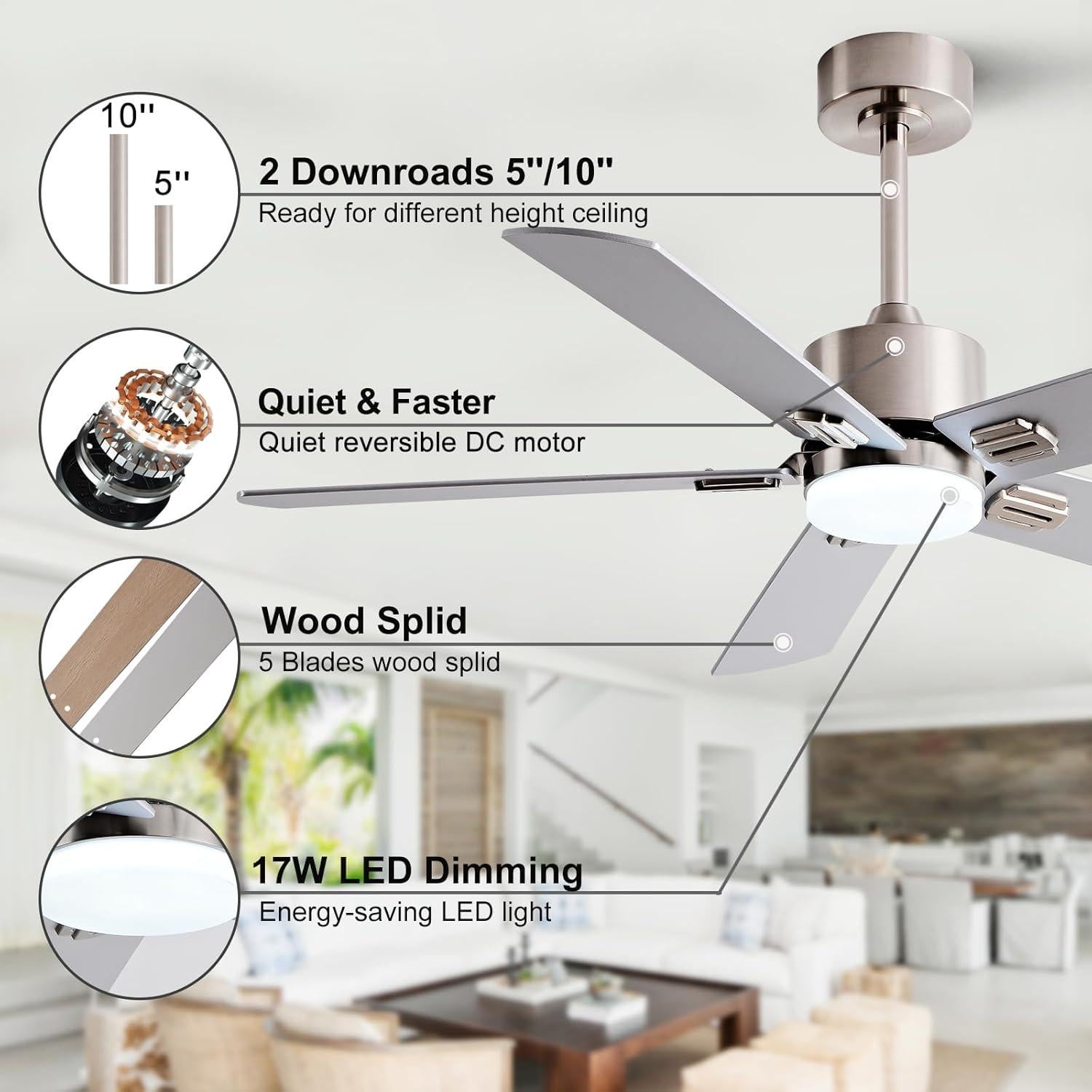 Ventilador de Techo KENSID 106 cm con Luz y Control Remoto