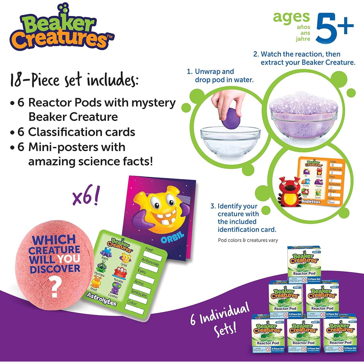 Pods Reactor de Criaturas Beaker Learning Resources - Paquete de 6, Juguete Científico 5+