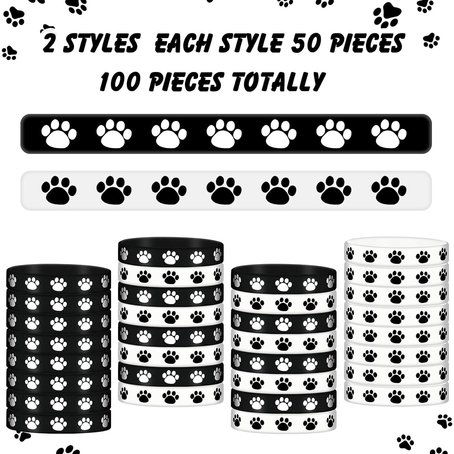 Funtery 100 Pulseras de Goma con Huella de Perro - Negro y Blanco