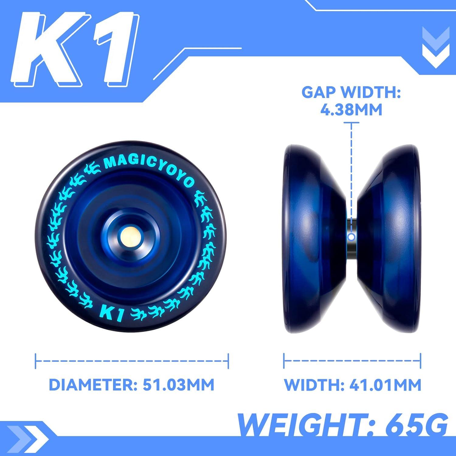 MAGICYOYO Responsive Yoyo K1 Tug Return Yo yo, Hubstacks Yo-yo for Kids Beginners Dual Purpose Yo Yo with Unresponsive Bearing, Storage Bag + 12 Yoyo Strings +Yo-Yo Glove +2 Yo yo Hubstacks (Blue)