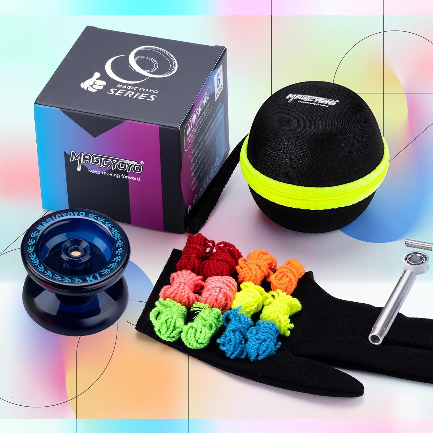MAGICYOYO Responsive Yoyo K1 Tug Return Yo yo, Hubstacks Yo-yo for Kids Beginners Dual Purpose Yo Yo with Unresponsive Bearing, Storage Bag + 12 Yoyo Strings +Yo-Yo Glove +2 Yo yo Hubstacks (Blue)