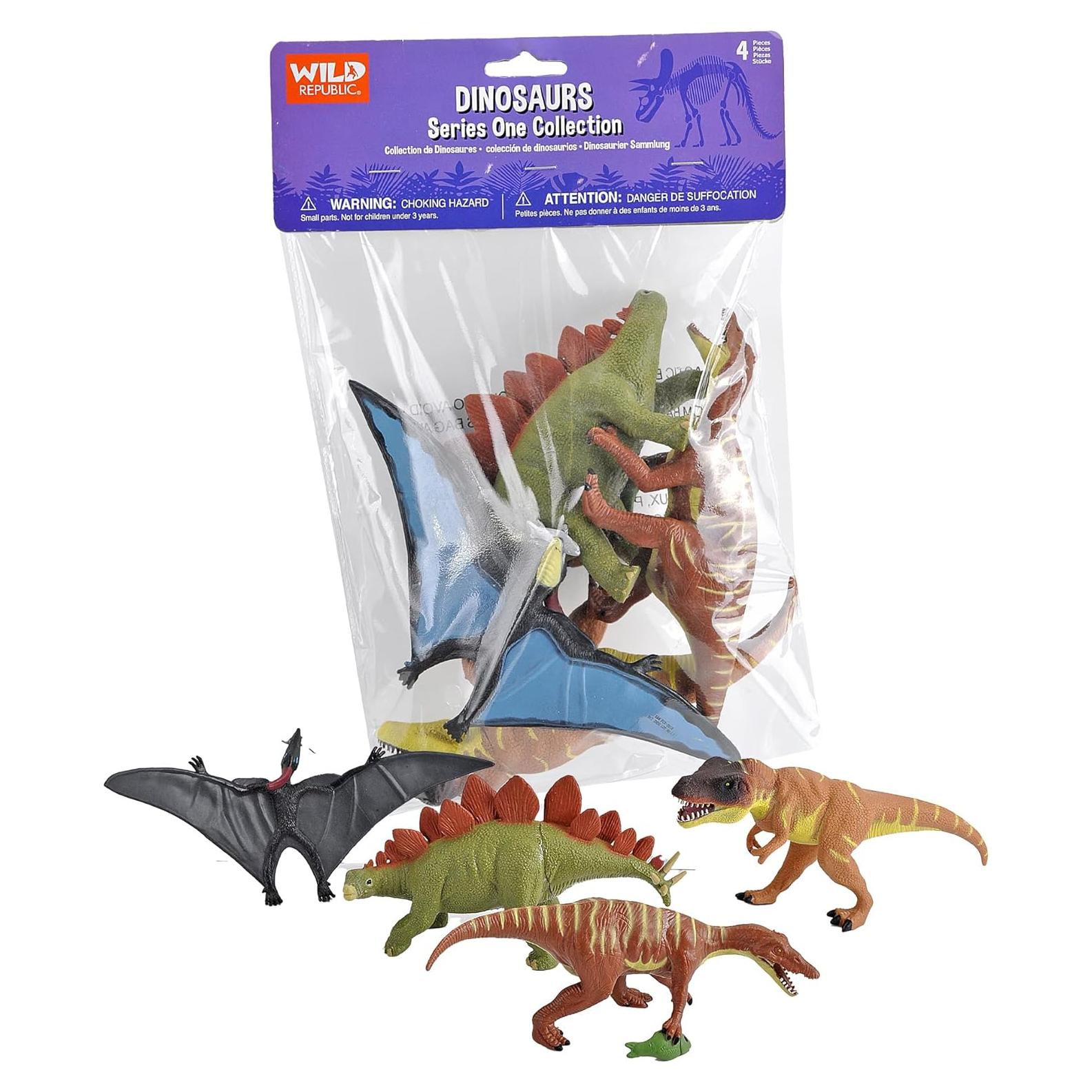Bolsa de 4 Dinosaurios Wild Republic - T-Rex, Estegosaurio, Pteranodon
