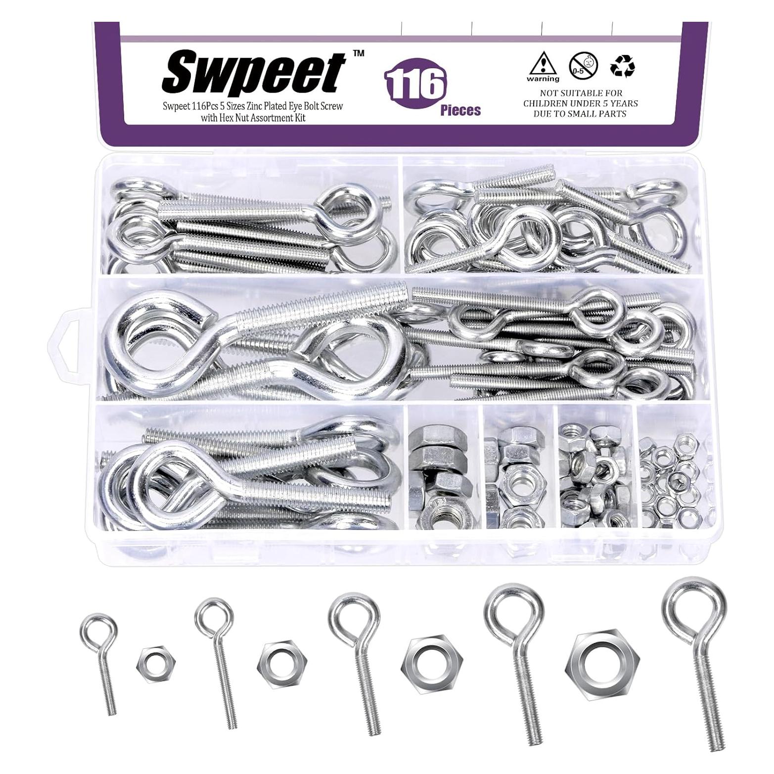Kit de Tornillos Ojo Swpeet 116Pcs Acero al Carbono 5 Tamaños