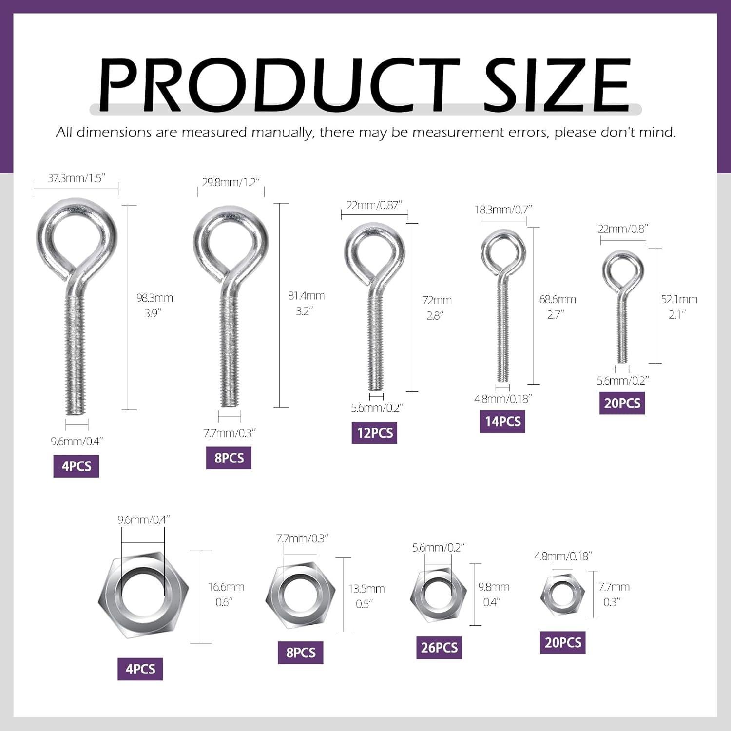 Kit de Tornillos Ojo Swpeet 116Pcs Acero al Carbono 5 Tamaños