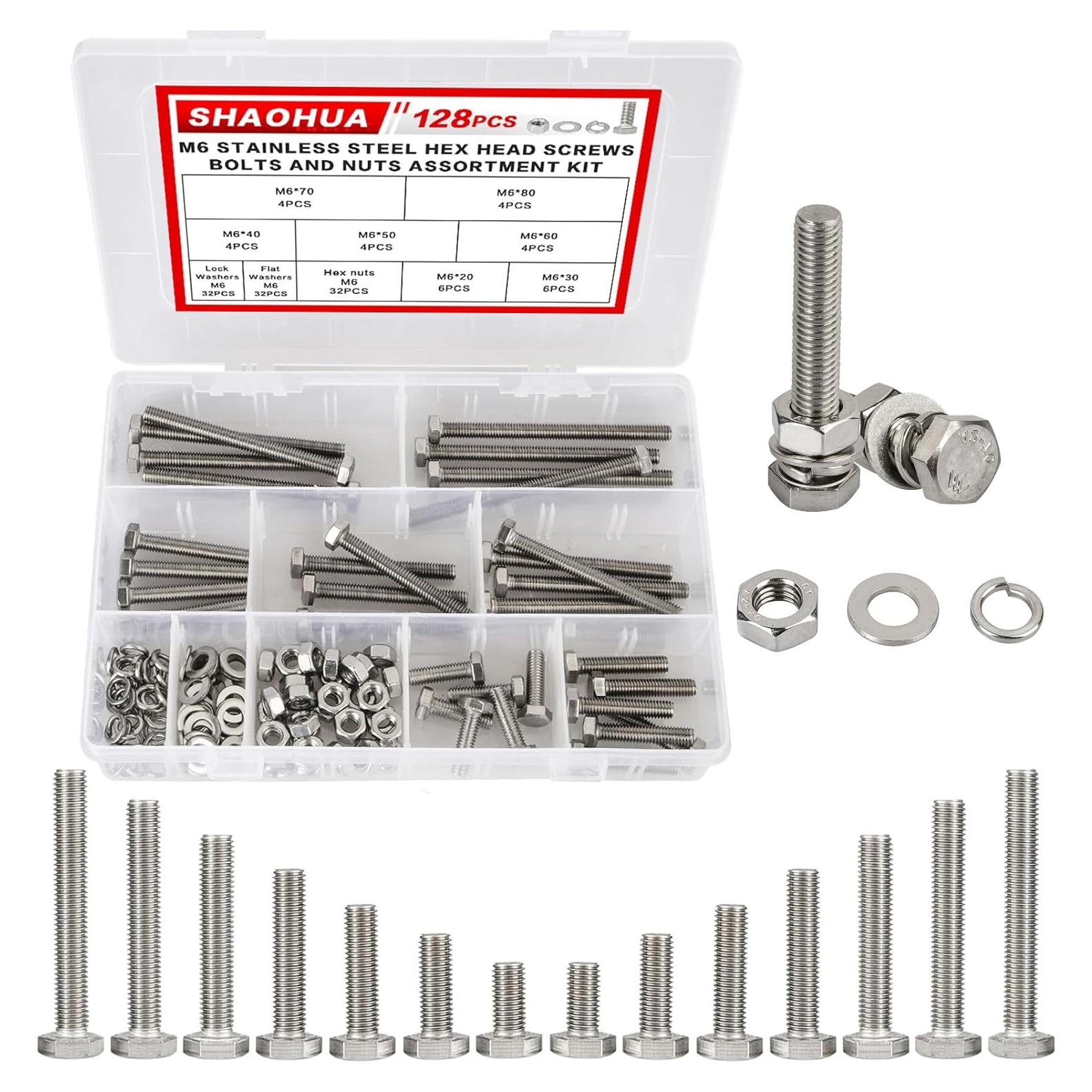 Kit de Tornillos y Tuercas M6 SHAOHUA 128 Piezas Acero Inoxidable