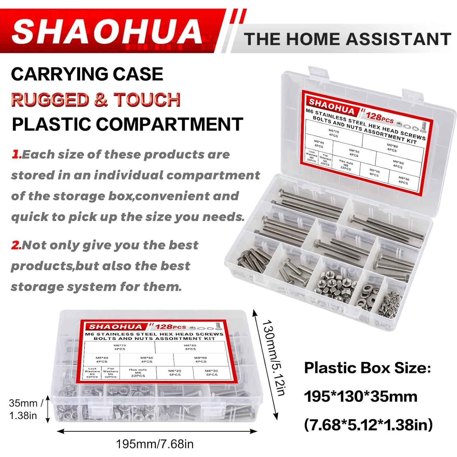 Kit de Tornillos y Tuercas M6 SHAOHUA 128 Piezas Acero Inoxidable