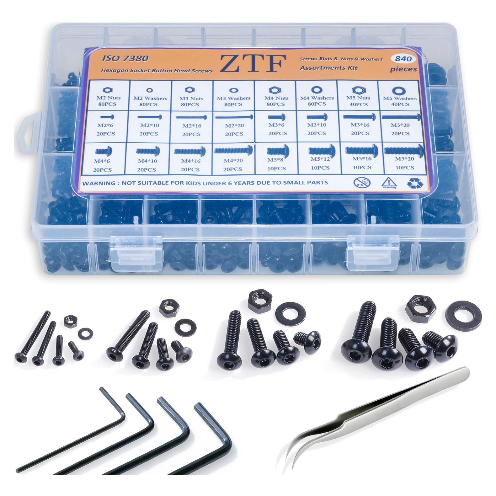 Kit de Tornillos M2 M3 M4 M5 ZTF con Tuercas y Arandelas 840PCS