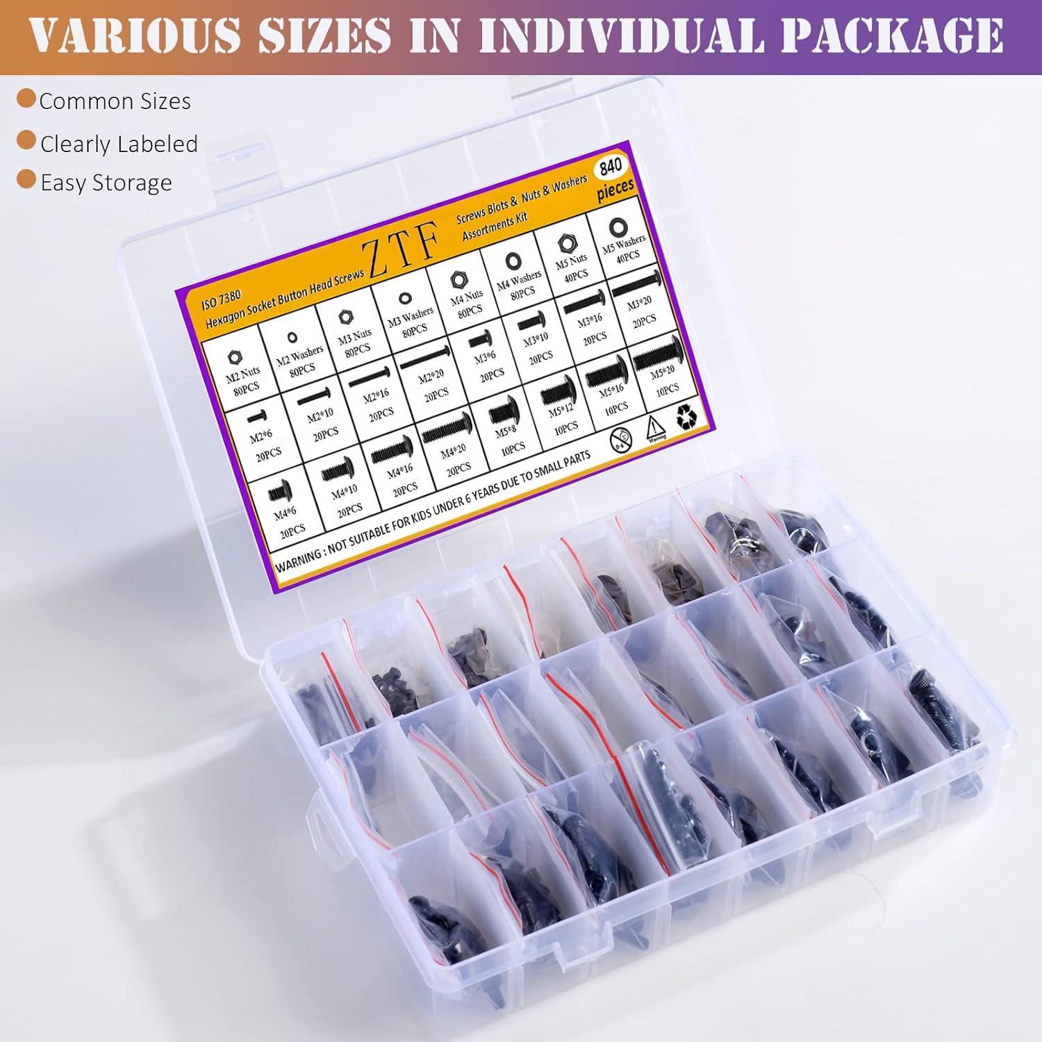 Kit de Tornillos M2 M3 M4 M5 ZTF con Tuercas y Arandelas 840PCS