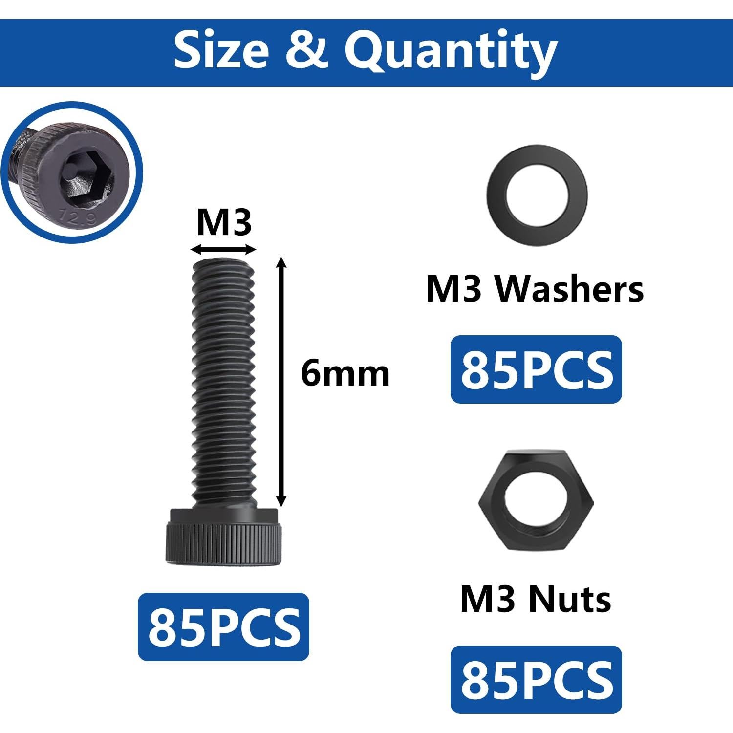 Kit 300 Tornillos M3 x 6mm Bemaka con Tuercas y Arandelas