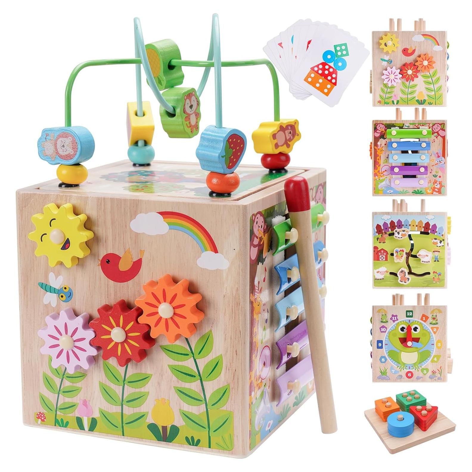 Cubo de Actividad de Madera KMTJT para Niños 1-3 Años Rosa